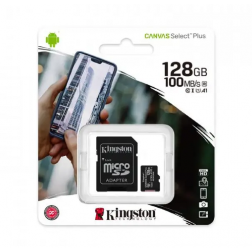 Карта памяти MicroSD 128Gb Kingston C10 Canvas Select Plus 100R A1+SD адаптер