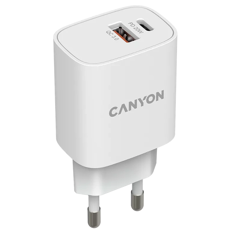 Мережевий зарядний пристрiй canyon canyon h-08 white (qc18w/pd 20w)
