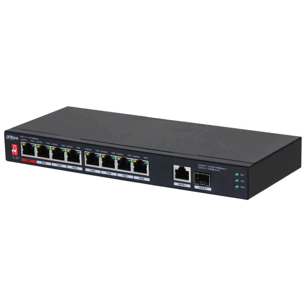 10-портовый неуправляемый настольный коммутатор с 8-портовым poe dahua dh-pfs3110-8et1gt1gf-96