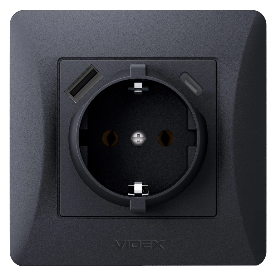 Розетка одинарна із заземленням з usb+usb-c чорний графіт videx videx binera