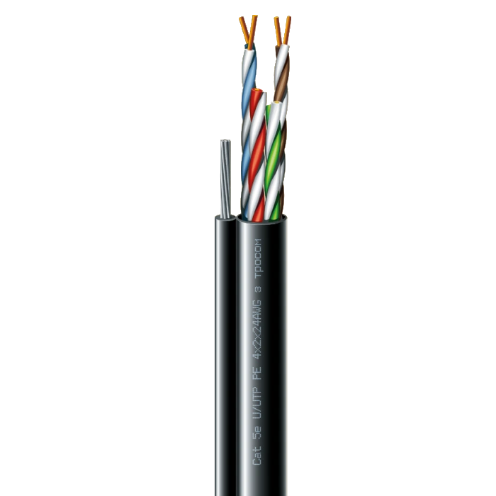 Кабель кручена пара ЗЗКМ (utp мідь вуличний з тросом) ЗЗКМ cat. 5e u/utp  РЕ steel cord 4x2x24 awg (k) трос (70910181) бухта 500м.