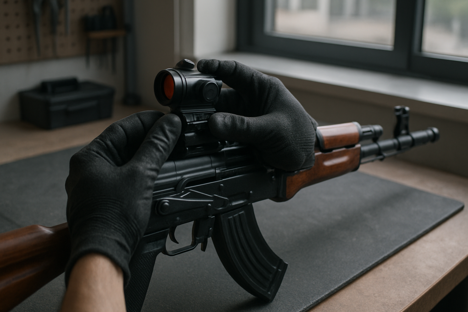 Монтаж коліматорного прицілу на АК-74 Встановлення коліматорного прицілу на АК-74 на робочому столі